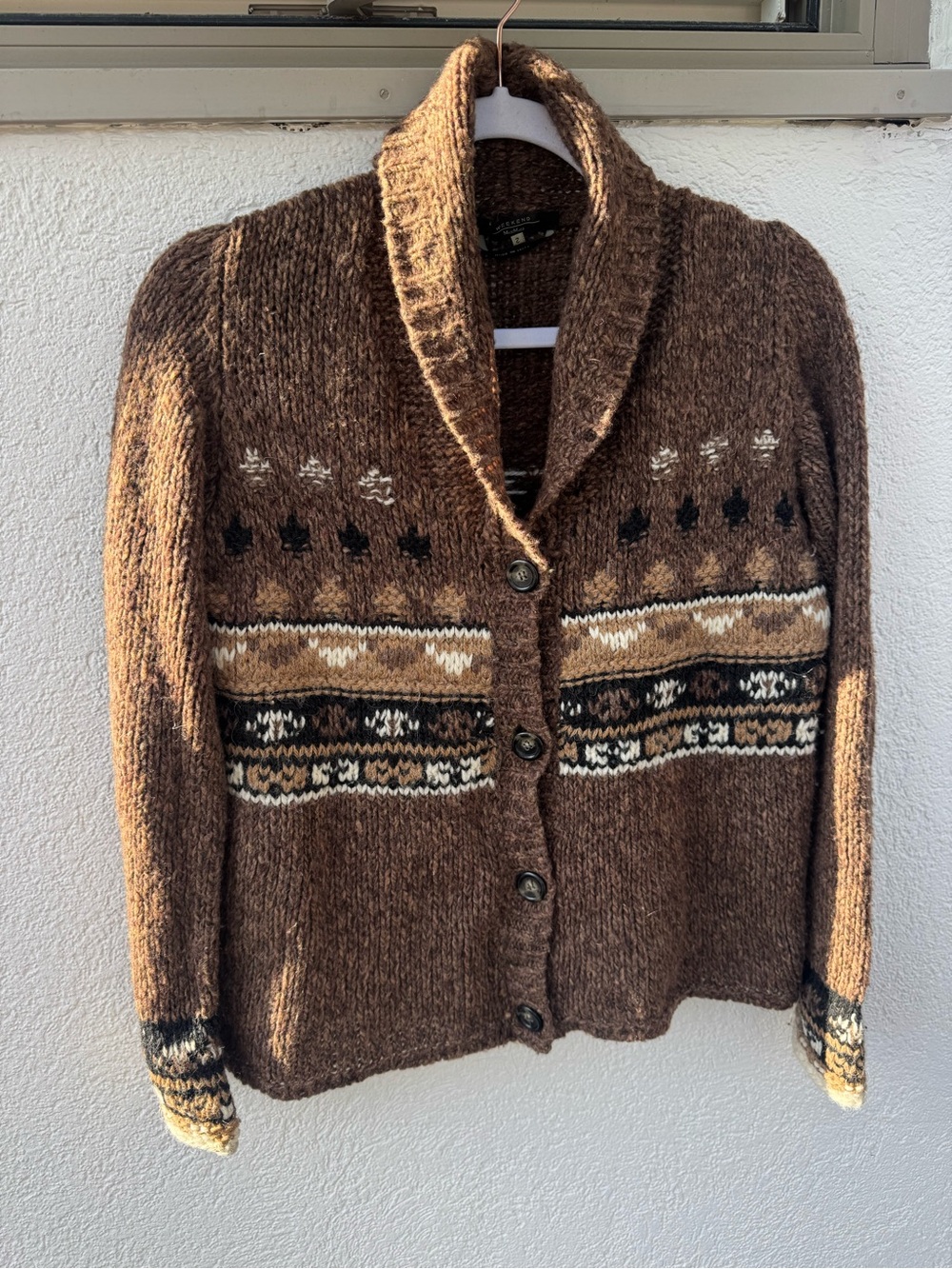 Vintage Weekend Max Mara Brown Fair Isle Shawl-Collar Button Cardigan size small